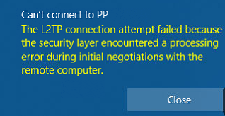 Solved: The L2TP connection attempt failed because the security layer encountered a processing error during initial negotiations with the remote computer